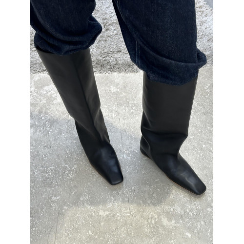 牛皮~英倫風小方頭菸筒褲琯靴女2024新款時尚個性平底騎士長筒靴