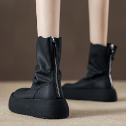 厚底真皮彈力菸筒靴女2025春秋新款甜酷馬丁靴紅色增高短靴瘦瘦靴