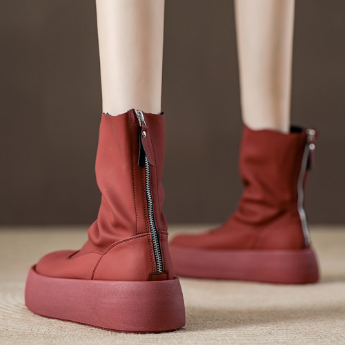 厚底真皮彈力菸筒靴女2025春秋新款甜酷馬丁靴紅色增高短靴瘦瘦靴 厚底真皮彈力菸筒靴女2025春秋新款甜酷馬丁靴紅色增高短靴瘦瘦靴