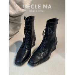 牛皮版~坡跟短靴女方頭黑色高跟瘦瘦靴法式巨好看英倫風馬丁靴子