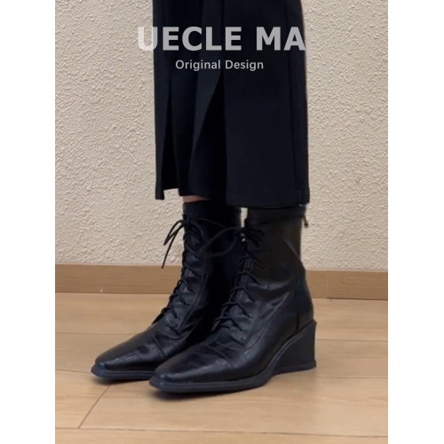 牛皮版~坡跟短靴女方頭黑色高跟瘦瘦靴法式巨好看英倫風馬丁靴子