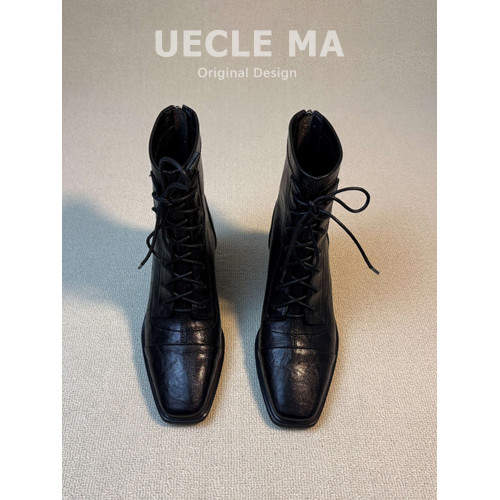 牛皮版~坡跟短靴女方頭黑色高跟瘦瘦靴法式巨好看英倫風馬丁靴子