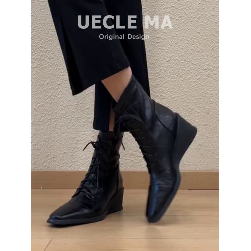 牛皮版~坡跟短靴女方頭黑色高跟瘦瘦靴法式巨好看英倫風馬丁靴子