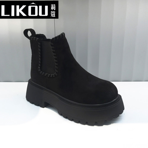 馬丁靴女2025冬季新款磨砂皮厚底菸筒靴女加絨棕色勃肯切爾西短靴