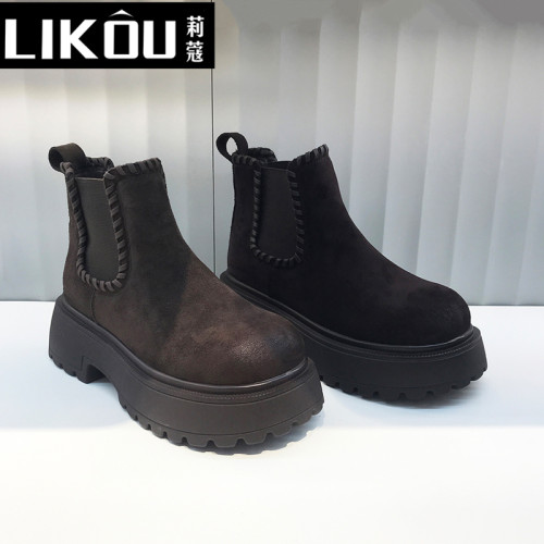 馬丁靴女2025冬季新款磨砂皮厚底菸筒靴女加絨棕色勃肯切爾西短靴