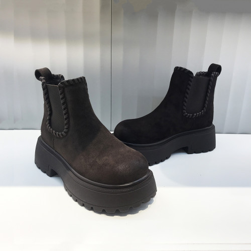 馬丁靴女2025冬季新款磨砂皮厚底菸筒靴女加絨棕色勃肯切爾西短靴