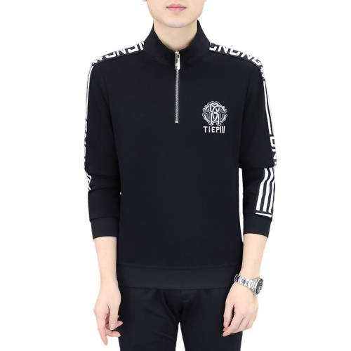 歐貨潮流修身立領半拉鍊衛衣男士春秋款時尚高級潮拼色刺綉長袖上