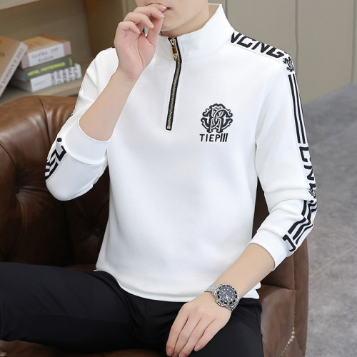 歐貨潮流修身立領半拉鍊衛衣男士春秋款時尚高級潮拼色刺綉長袖上