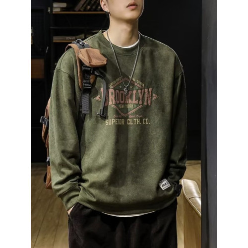 美式復古圓領衛衣外套男士春秋季麂皮絨衣服大碼寬鬆潮流長袖上衣