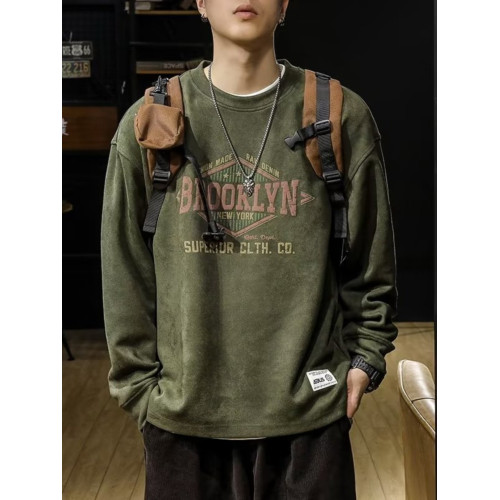 美式復古圓領衛衣外套男士春秋季麂皮絨衣服大碼寬鬆潮流長袖上衣