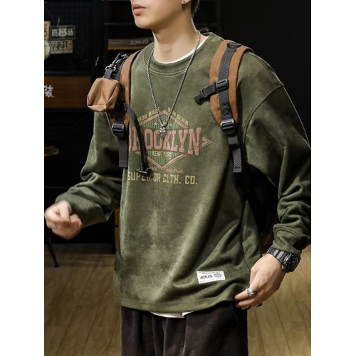 美式復古圓領衛衣外套男士春秋季麂皮絨衣服大碼寬鬆潮流長袖上衣