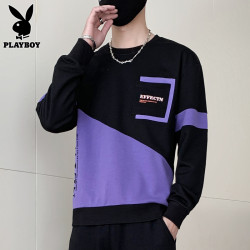 花花公子衛衣男士春秋季新款寬鬆圓領上衣潮流拼色打底長袖t恤男