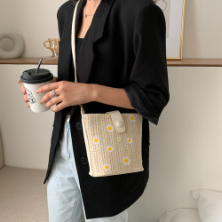 上新草編小包包女2023流行洋氣少女蕾絲斜後後背包仙女百搭編織水桶包