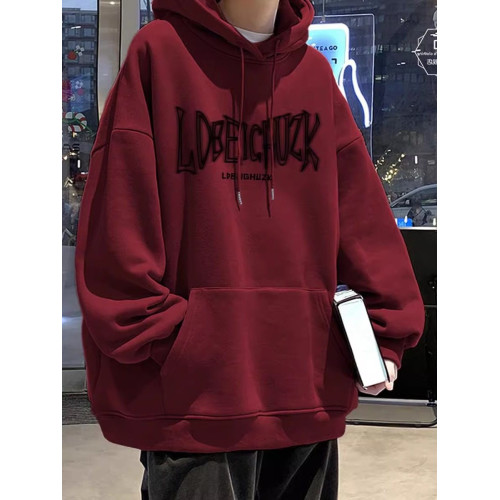 美式酒紅色連帽衛衣男生2025春秋薄款秋冬加絨潮牌青少年重磅外套 美式酒紅色連帽衛衣男生2025春秋薄款秋冬加絨潮牌青少年重磅外套