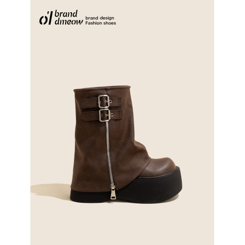 老喵的店短靴女厚底增高2025新款春秋棕色小個子褲琯松糕底馬丁靴