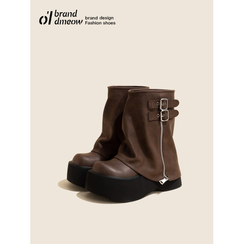 老喵的店短靴女厚底增高2025新款春秋棕色小個子褲琯松糕底馬丁靴