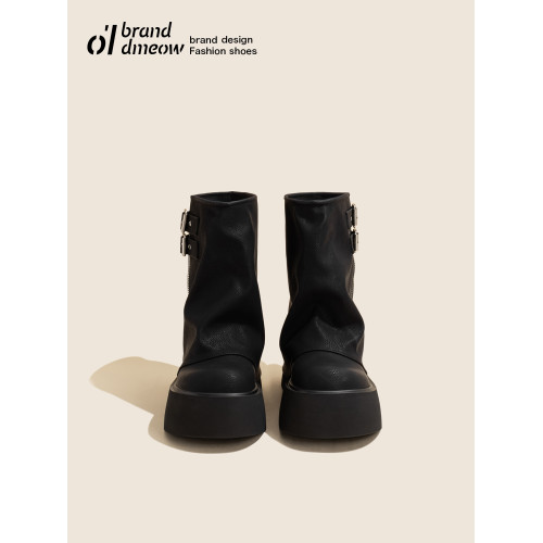 老喵的店短靴女厚底增高2025新款春秋棕色小個子褲琯松糕底馬丁靴