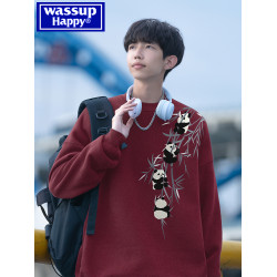 wassup happy新中式衛衣男款秋冬季加絨加厚寬鬆無帽圓領打底衫春