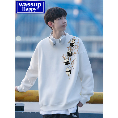 wassup happy新中式衛衣男款秋冬季加絨加厚寬鬆無帽圓領打底衫春