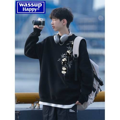 wassup happy新中式衛衣男款秋冬季加絨加厚寬鬆無帽圓領打底衫春