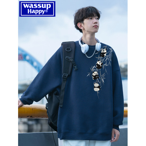 wassup happy新中式衛衣男款秋冬季加絨加厚寬鬆無帽圓領打底衫春