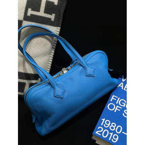 Milly&Klly真皮藍色單肩腋下包包輕奢小衆高級感手提波士頓包女夏