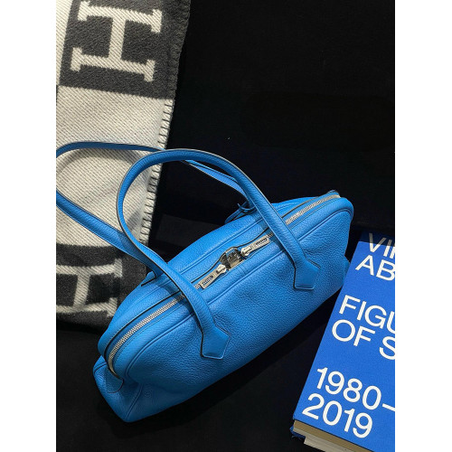 Milly&Klly真皮藍色單肩腋下包包輕奢小衆高級感手提波士頓包女夏