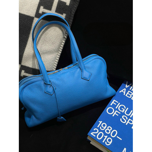 Milly&Klly真皮藍色單肩腋下包包輕奢小衆高級感手提波士頓包女夏