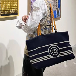 小香風牛仔托特包女單肩大容量帆布通勤包高品質海軍條紋沙灘包