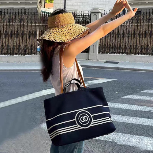 小香風牛仔托特包女單肩大容量帆布通勤包高品質海軍條紋沙灘包