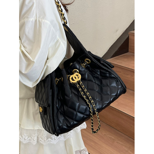 菱格鏈條小香風水桶包2025夏季新款女包時尚潮單肩包抽帶大容量