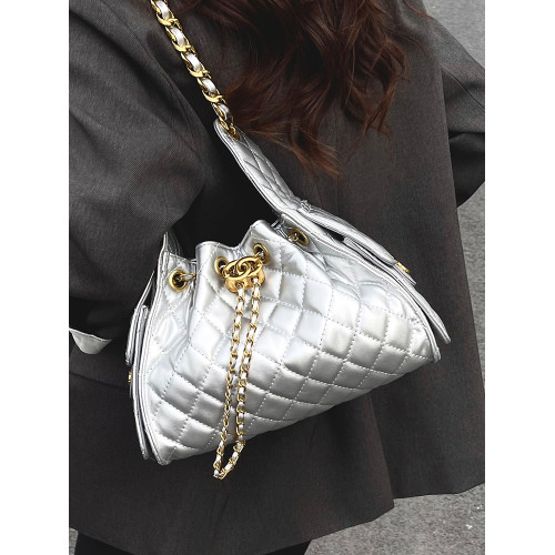 菱格鏈條小香風水桶包2025夏季新款女包時尚潮單肩包抽帶大容量