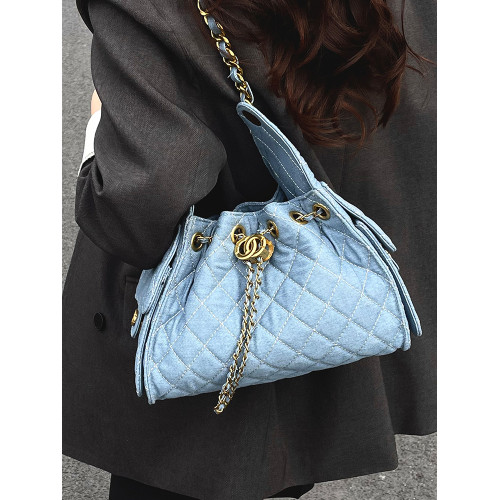 菱格鏈條小香風水桶包2025夏季新款女包時尚潮單肩包抽帶大容量