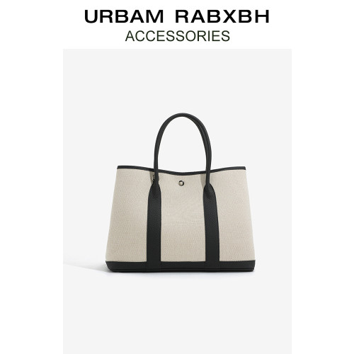 帆布配牛皮花園包大容量真皮撞色手提包女2025新款單肩斜背托特包