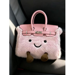 ZRVR2025新款mini鉑金包可愛笑臉毛絨包手提包時尚百搭單肩斜後後背包