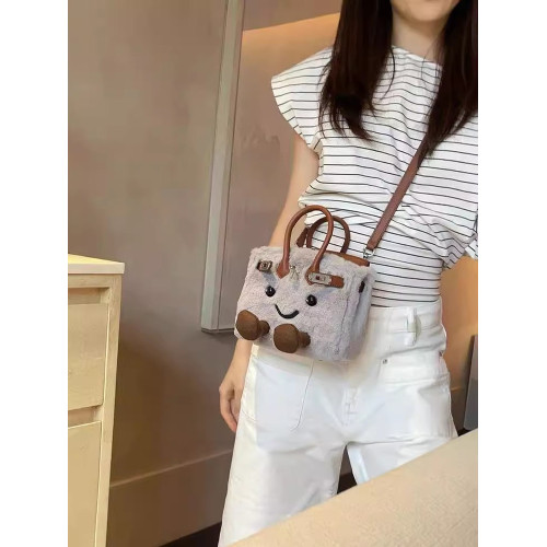 ZRVR2025新款mini鉑金包可愛笑臉毛絨包手提包時尚百搭單肩斜後後背包