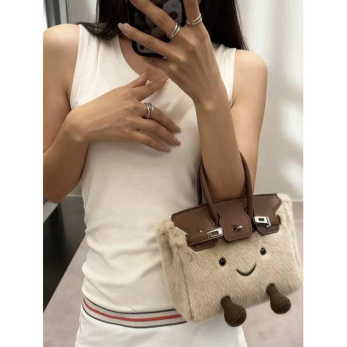 ZRVR2025新款mini鉑金包可愛笑臉毛絨包手提包時尚百搭單肩斜後後背包