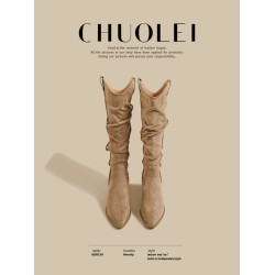 秋冬季新款粗跟v口褶皺長筒靴女爆款網紅高跟尖頭不過膝騎士長靴