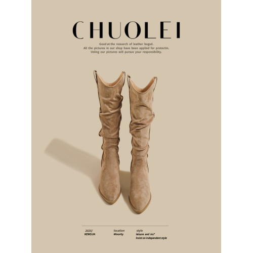 秋冬季新款粗跟v口褶皺長筒靴女爆款網紅高跟尖頭不過膝騎士長靴