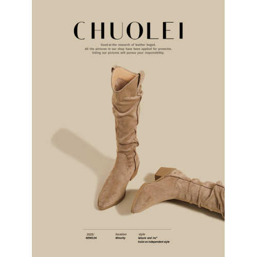 秋冬季新款粗跟v口褶皺長筒靴女爆款網紅高跟尖頭不過膝騎士長靴