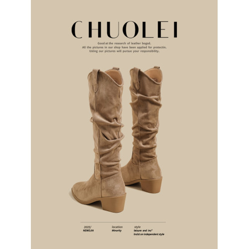 秋冬季新款粗跟v口褶皺長筒靴女爆款網紅高跟尖頭不過膝騎士長靴