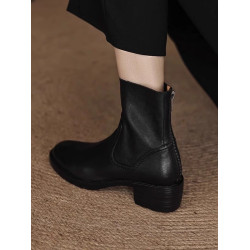 軟羊皮黑色粗跟靴子女鞋2025秋冬新款法式真皮短靴爆款馬丁靴女士