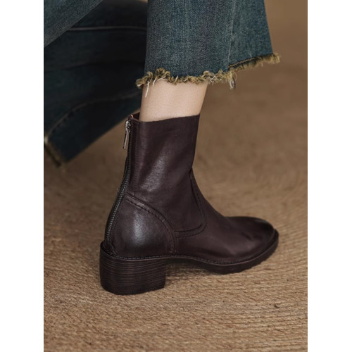 軟羊皮黑色粗跟靴子女鞋2025秋冬新款法式真皮短靴爆款馬丁靴女士