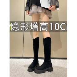 內增高10cm長筒靴女秋冬厚底小個子長靴卡其色靴子v口高筒騎士靴