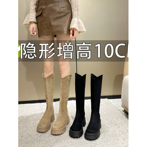 內增高10cm長筒靴女秋冬厚底小個子長靴卡其色靴子v口高筒騎士靴
