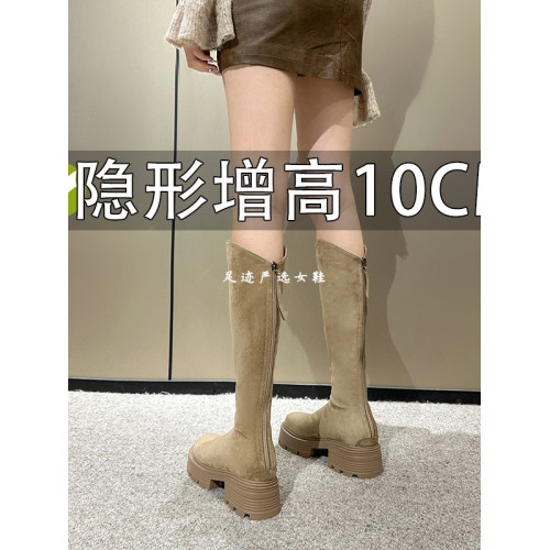 內增高10cm長筒靴女秋冬厚底小個子長靴卡其色靴子v口高筒騎士靴
