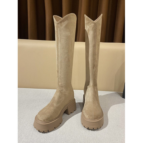 內增高10cm長筒靴女秋冬厚底小個子長靴卡其色靴子v口高筒騎士靴