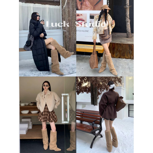 幸運說~高級感加絨褲琯靴女款坡跟尖頭顯瘦白色羊羔毛保暖長筒靴