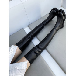 騎士靴女經典款春秋過膝彈力靴顯瘦圓頭平底中跟側拉鍊厚底長筒靴