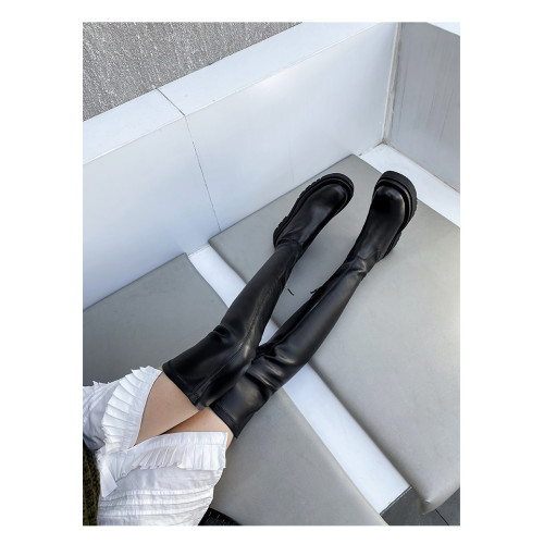 騎士靴女經典款春秋過膝彈力靴顯瘦圓頭平底中跟側拉鍊厚底長筒靴